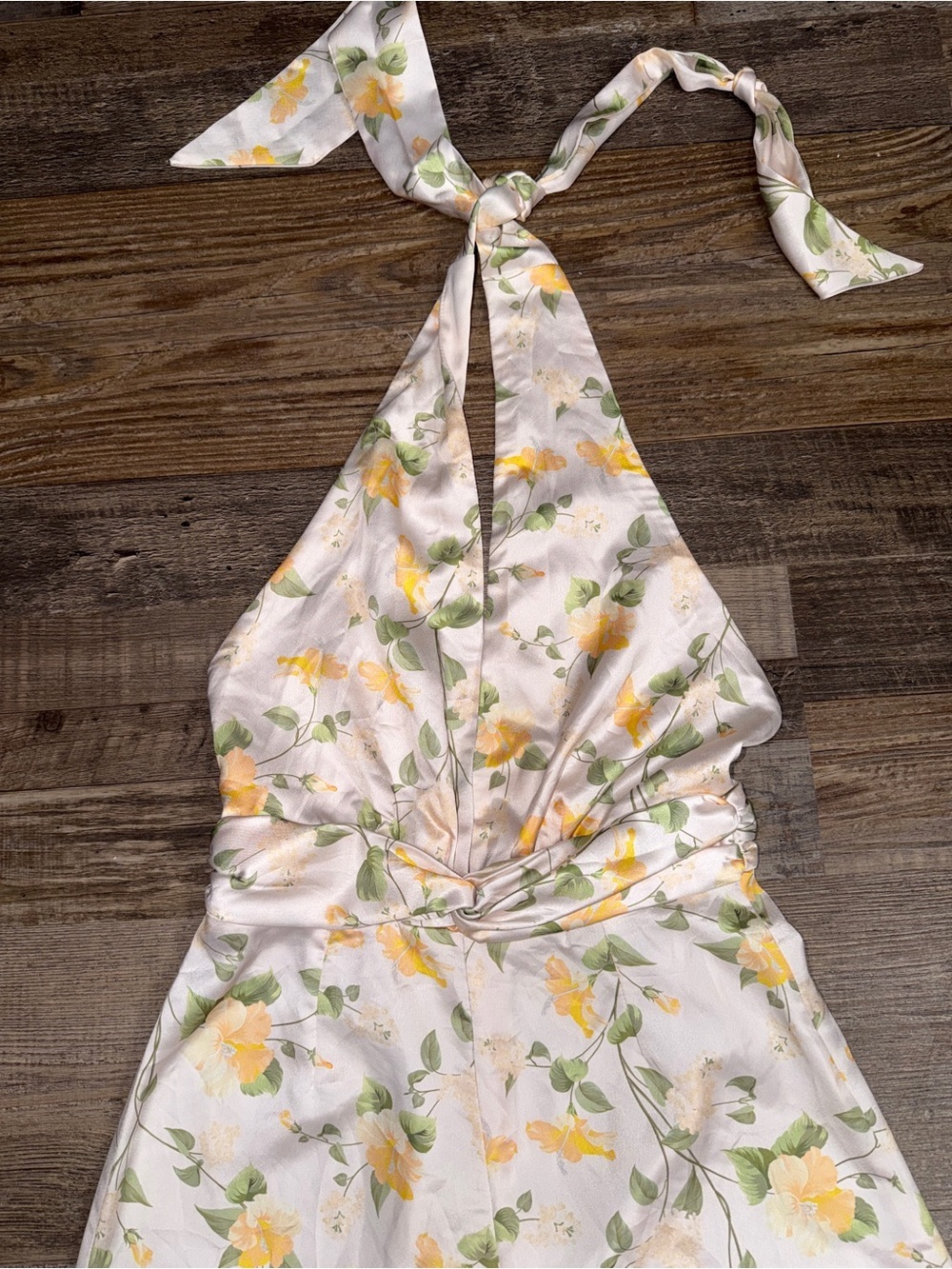 Hello Molly White Floral Halter Wide Leg Jumpsuit Yellow Green Small US 4 - Picture 5 of 10